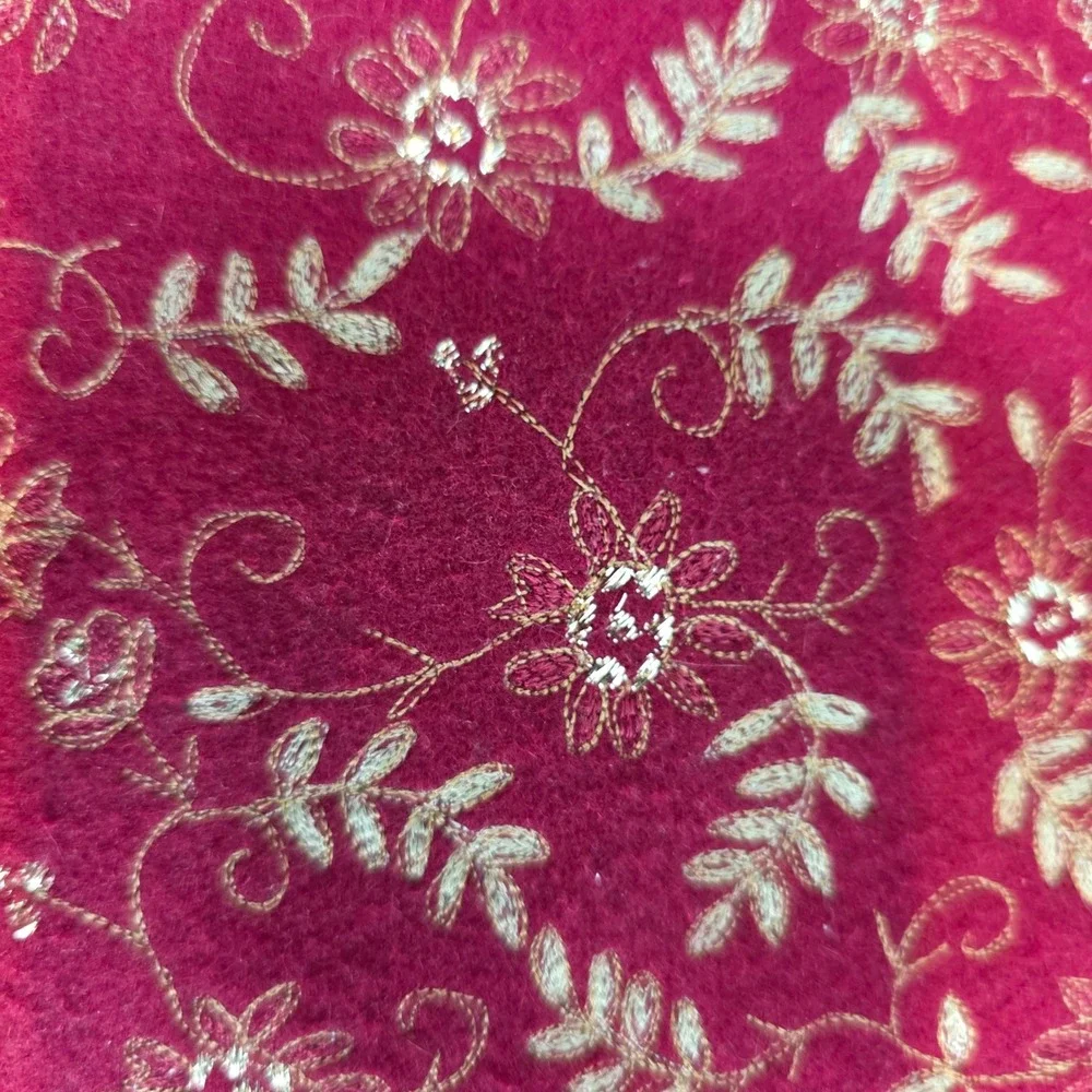 Crate & Barrel Avalon Gold Embroidered Pillow Red Wool 16x16 Zip Feather Insert